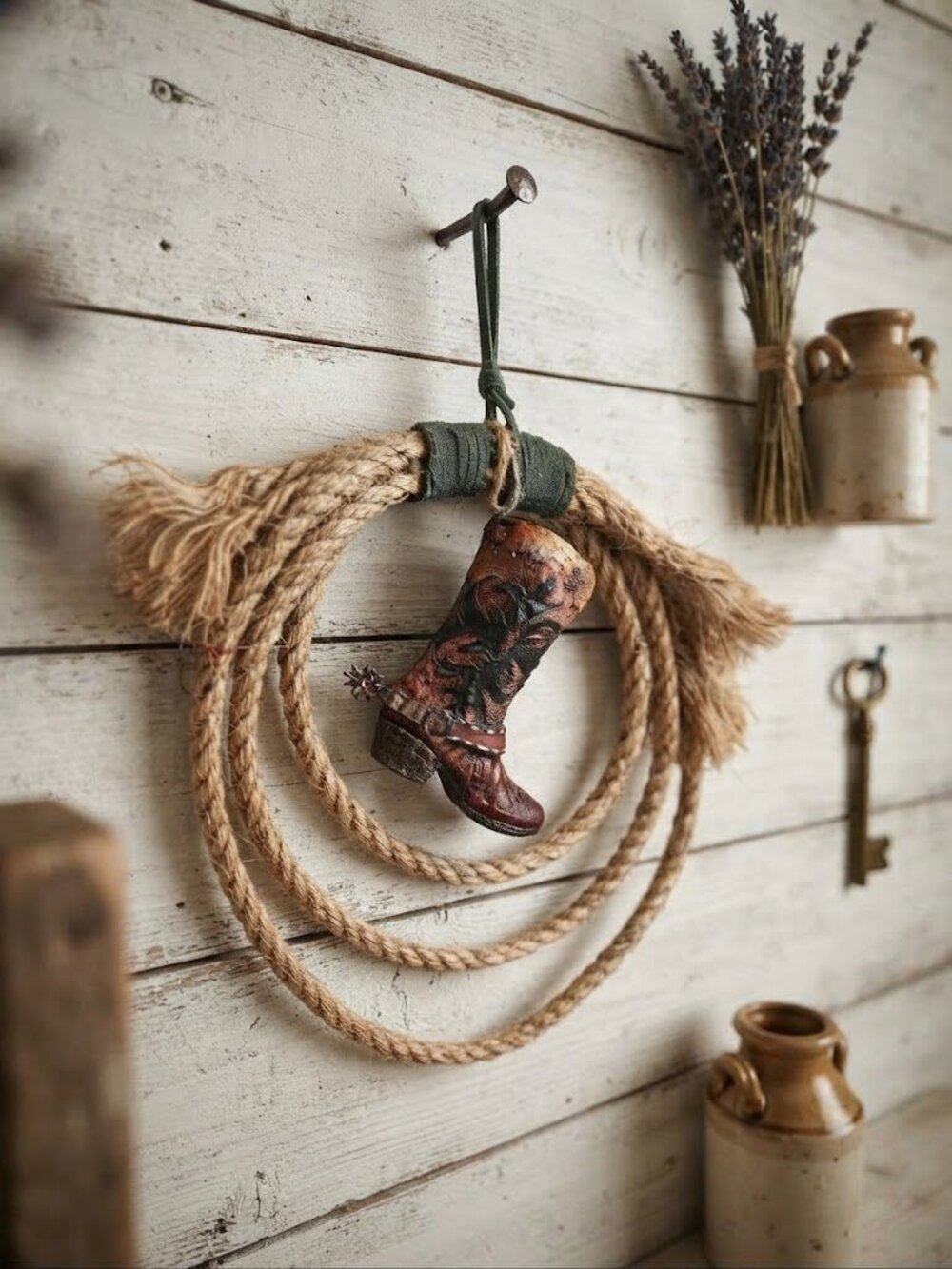 Small Western Boot & Rope Lasso Wreath Wall Hanging Decor